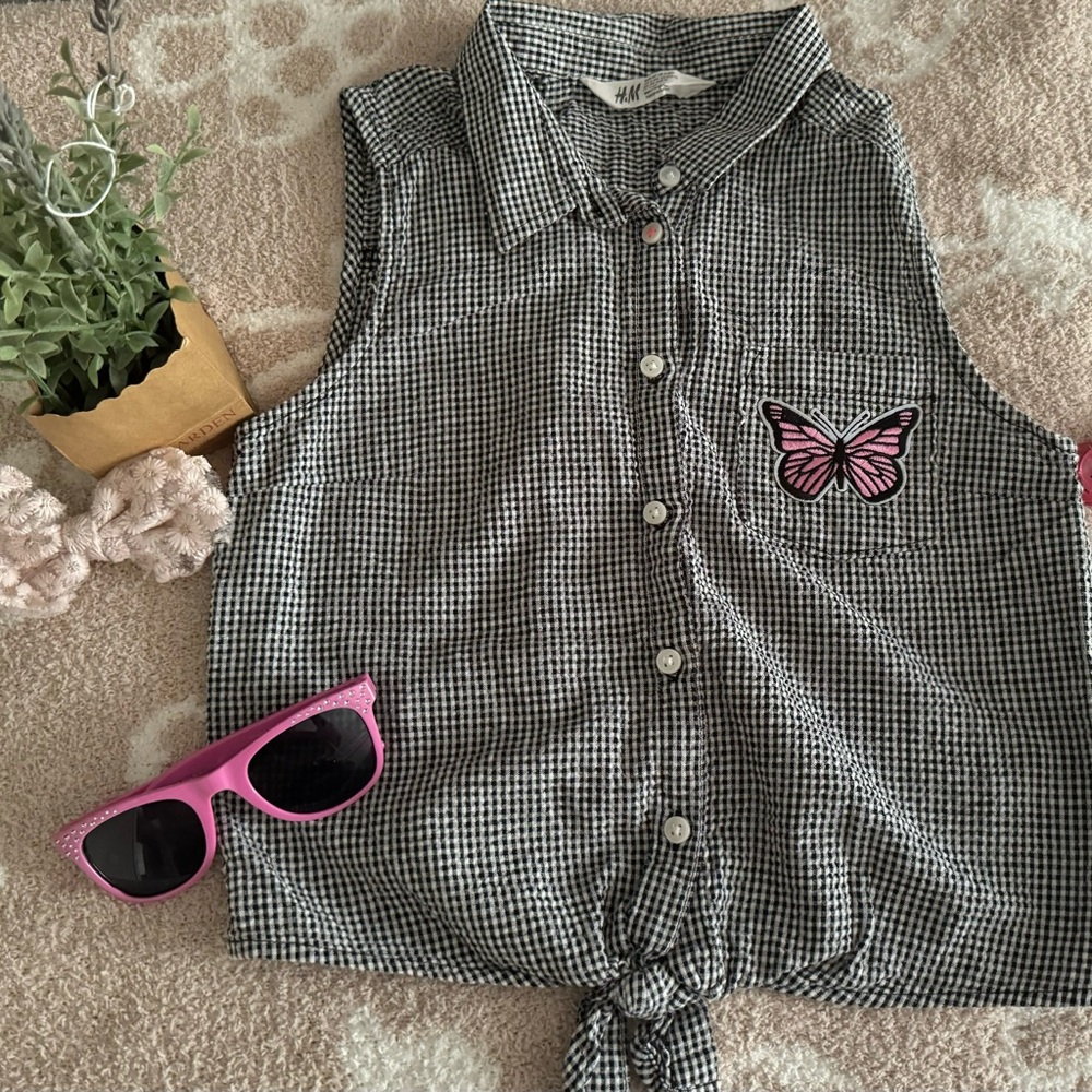 H&M girls tie button top, upcycled by ME with custom butterfly patchwork. Sz 10